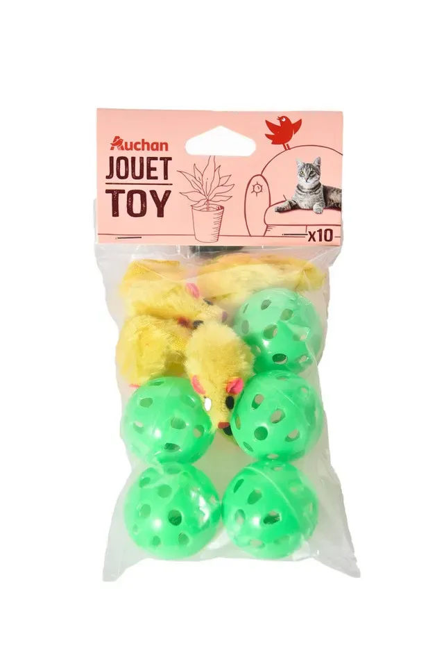 Set 10 jucarii pentru pisici Auchan, 5 mingi si 5 soricei, diverse culori