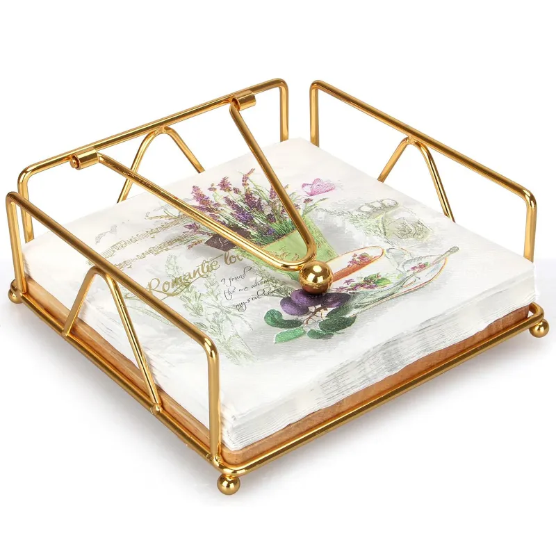 Cutie pentru servetele eleganta, Axroad Mall, Suport metalic pentru servetele pentru masa, Portabil, economiseste spatiu, Cu contragreutate brat, Anti-alunecare, Pentru mese de cafea, sufragerie, birou, Metal/Lemn, 17.8 x 17.8 x 6.8 cm, Auriu