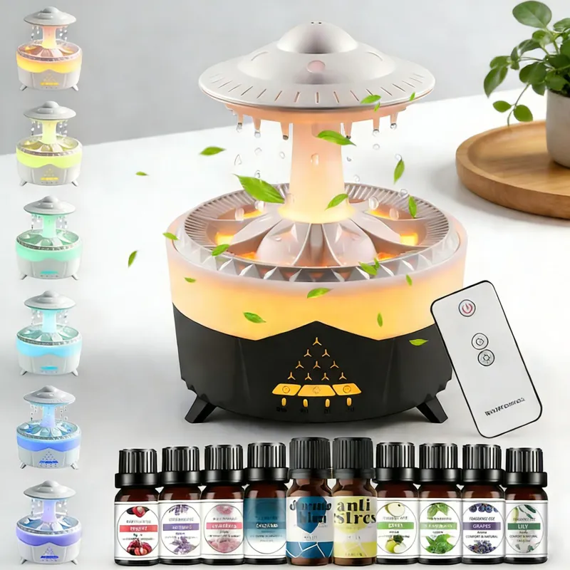 Umidificator Difuzor de Arome si Uleiuri Esentiale, Difuzor de uleiuri esentiale 7 culori efecte luminoase LED, Difuzor de Aroma 2 Moduri de vaporizare Abur si Picaturi de Apa, Temporizator, Auto OFF, 350 ml, Maro si Alb