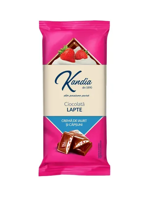 Ciocolata cu lapte si crema de iaurt cu capsuni Kandia, 96.5 g
