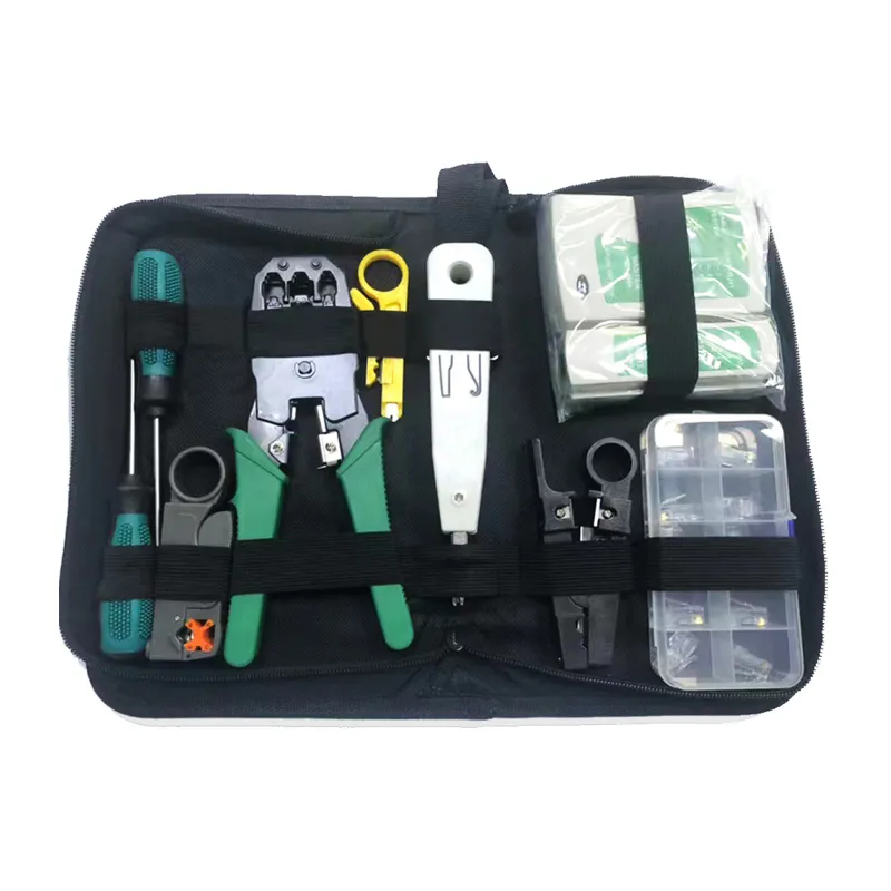 Set 10 instrumente de retea LAN, Darklove, Cu tester cabluri, cleste de sertizare, dispozitiv push-in, mufe, husa depozitare, 27x16x5.5cm, Otel, Negru