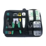 Set 10 instrumente de retea LAN, Darklove, Cu tester cabluri, cleste de sertizare, dispozitiv push-in, mufe, husa depozitare, 27x16x5.5cm, Otel, Negru