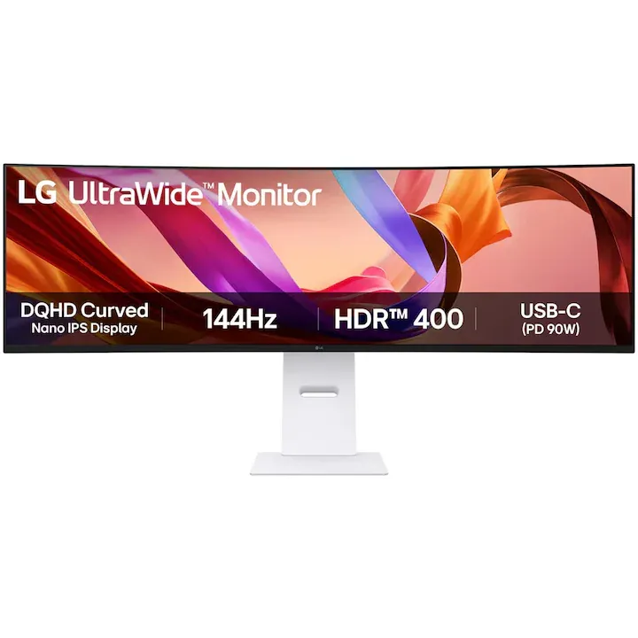 Monitor Curbat LG UltraWide 49U950A-W.AEU, Nano IPS, LED, Dual QHD (5120 x 1440), 144 Hz, 5ms, 2x HDMI, 1x DisplayPort 1.4, 1x USB-C, NVIDIA G-Sync™, Gaming mode, Black Stabilizer, DAS, Crosshair, 2 boxe stereo x 10W, Alb