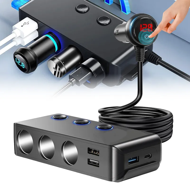 Adaptor priza auto multiplicator 7 in 1, RorAem, cu Adaptor priza auto, Impartitor auto, Protectie Supratensiune, LCD Digital, 128W, 4 porturi USB, Detectare Automata Tensiune, 2x soclu auto, 12V/24V, 120W, Negru