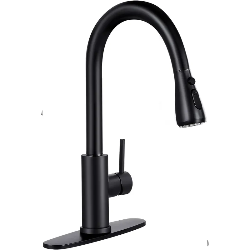 Baterie Chiuveta Neagra Bucatarie cu Pipa Inalta Elindor®, Rotativ 360° Robinet cu Cap de Dus Extractabil, Monocomanda, Otel Inoxidabil, Montare pe Blat, Jet Larg, Incastrata, Multifunctionala Design Elegant, Finisaj Periat Mat