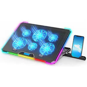 Cooler Laptop Gaming RGB Elindor® Suport cu Inaltime Reglabila pe 9 Niveluri, Dimensiuni Compatabile 15.6-17.3 Inch, 6 Ventilatoare Puternice si Silentioase 25dB cu Viteza Ajustabila, 2 Porturi USB Suport Telefon, Ecran LCD, pentru Birou, Calatorii, Negru