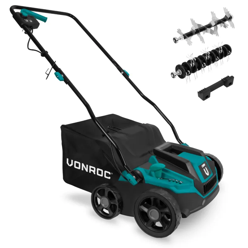 Scarificator VONROC SA501AC, putere 1300W, turatie 3600/min, latime de taiere 320 mm, protectie IPX4, sac colector iarba 35L, cu rola aerator, kit montare pe perete, greutate 11kg
