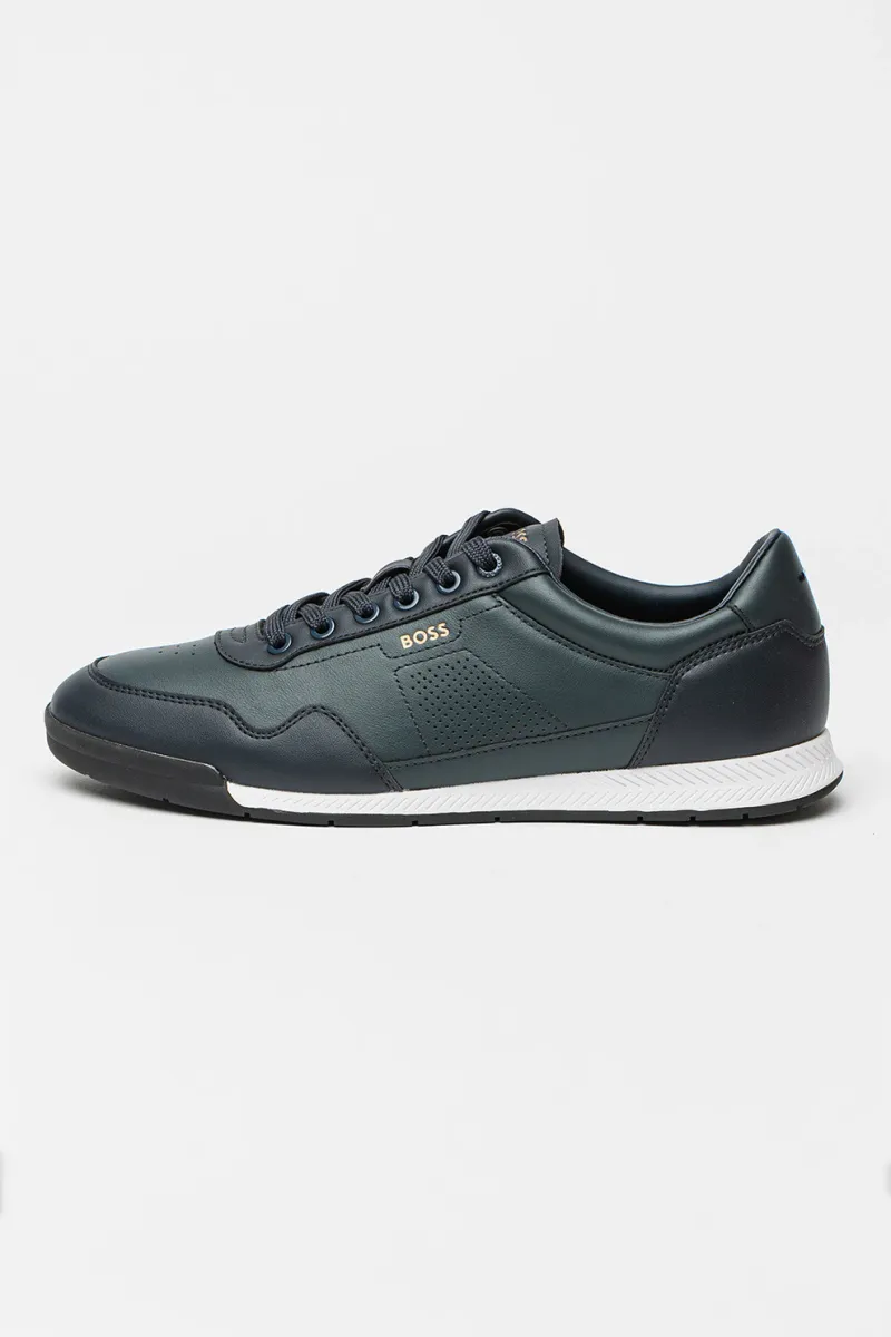 BOSS, Pantofi sport din piele cu sireturi, Bleumarin