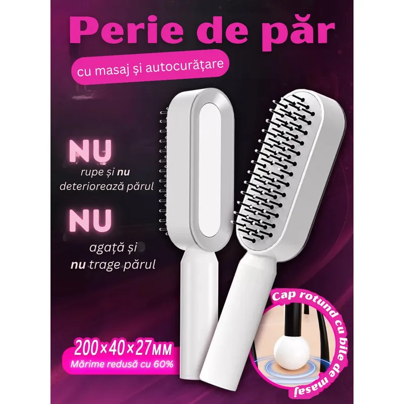 Perie de păr eCapybara, auto-curățare, masaj scalp, antistatic, dinti rari