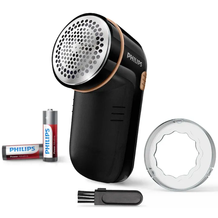 Aparat de curatat scame Philips GC026/80, Rotire a lamei de pana la 8800 rotatii/min pentru indepartare eficienta, potrivit pentru toate tipurile de haine, 2 baterii AA Philips incluse, negru