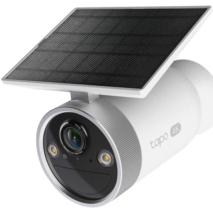 Kit camera de supraveghere + panou solar TP-Link Tapo C465, 8MP, 4K, 3840x2160, 18x zoom digital, Starlight Color Night Vision, Two-Way Audio, Detectie AI, alarma luminoasa si sonora, acumulator, montare fara cabluri, baterie 7800mAh, IP65