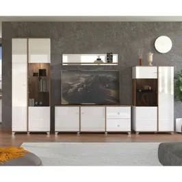 Biblioteca living Burgundy, cu lumini, stejar flagstaff + folie alba lucioasa, 320 cm, 8C