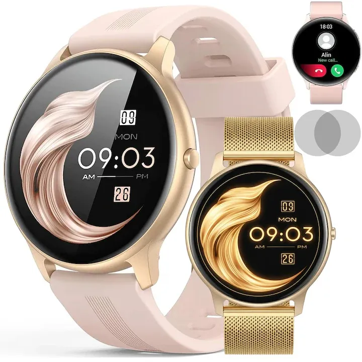 Ceas SmartWatch si Bratara Fitness 2in1 WiX™, Carcasa UltraSlim, Apelare Bluetooth FULL Touch Fitness Tracker, Monitorizare Ritm Cardiac, Oximetru SpO2, Notificari Apeluri/Social Media, Autonomie 10 zile, Multi Sport, Calorii, SmartVIBE, Gold Edition