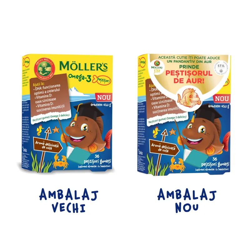 Pestisori gumati Omega 3 Moller's, cu aroma de cola, 36 jeleuri