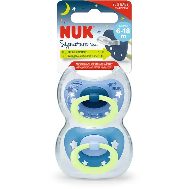 Suzeta Nuk Signature Night, 6-18 luni, 2 bucati, diverse culori