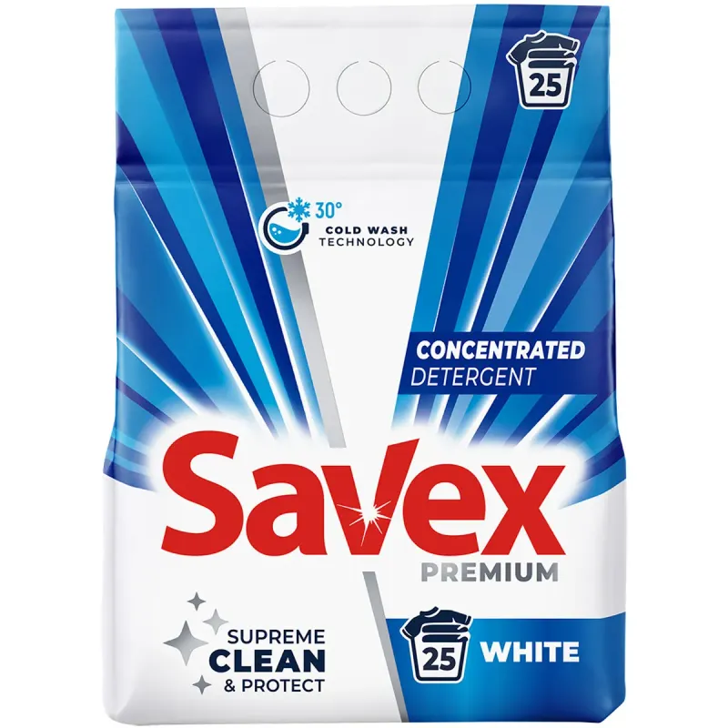 Detergent pudra Savex Premium White, 25 spalari, 2 kg