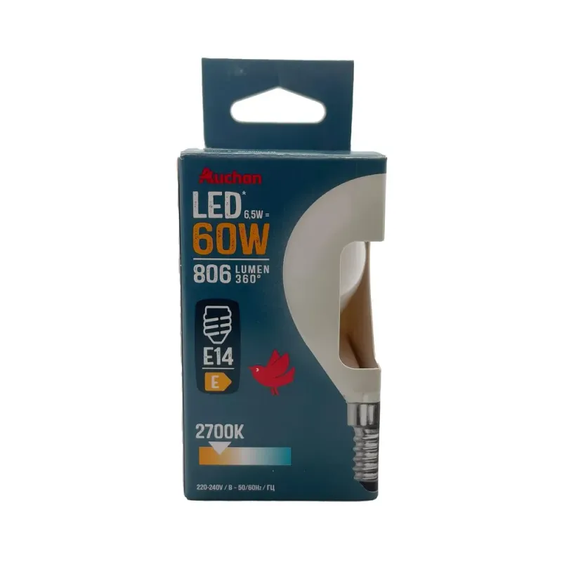 Bec LED Auchan, E14, 6.5 / 60 W, lumina calda, forma sfera