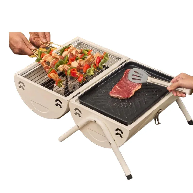 Gratar de gradina portabil, LYCENXI, gratar cu carbune cu 2 zone de gatire, alb, 42x28cm