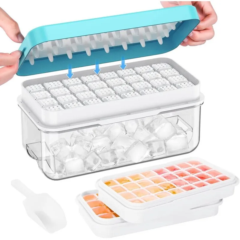Set 2 forme din pentru cuburi de gheata, Poate fi realizat 64 PCS Sfera de gheata, Vine cu recipient de gheata, lingura, Apasarea capacului, Usor de eliberat, Albastru