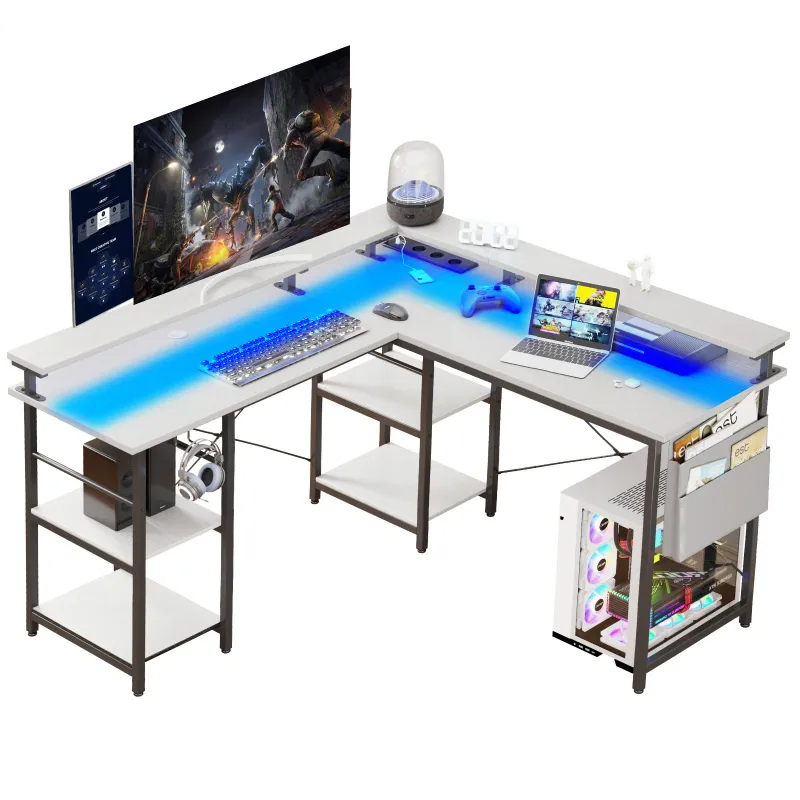 Birou ORBER, cu banda LED RGB, 3 prize, 2 porturi USB, alb, 140x140x83cm
