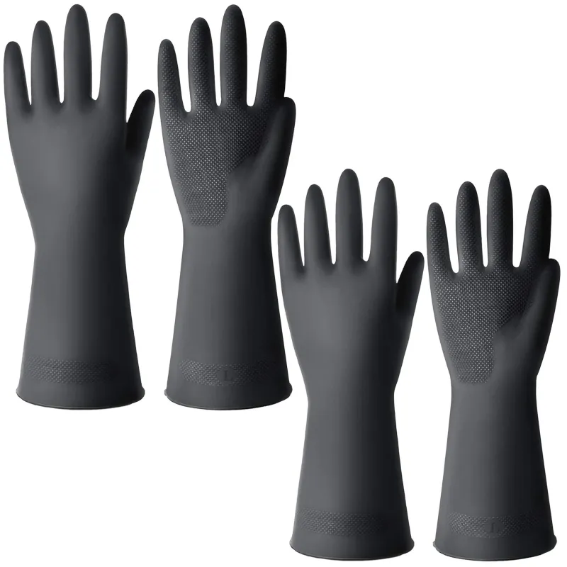 Set de 4 manusi din cauciuc rezistent, Axroad Mall, Marimea L, Cu prindere antiderapanta, Protectie anti-chimica, Industriale, Rezistent la abraziune si perforare, Grosime 0.71 mm, lungime 33.5 cm, Negru