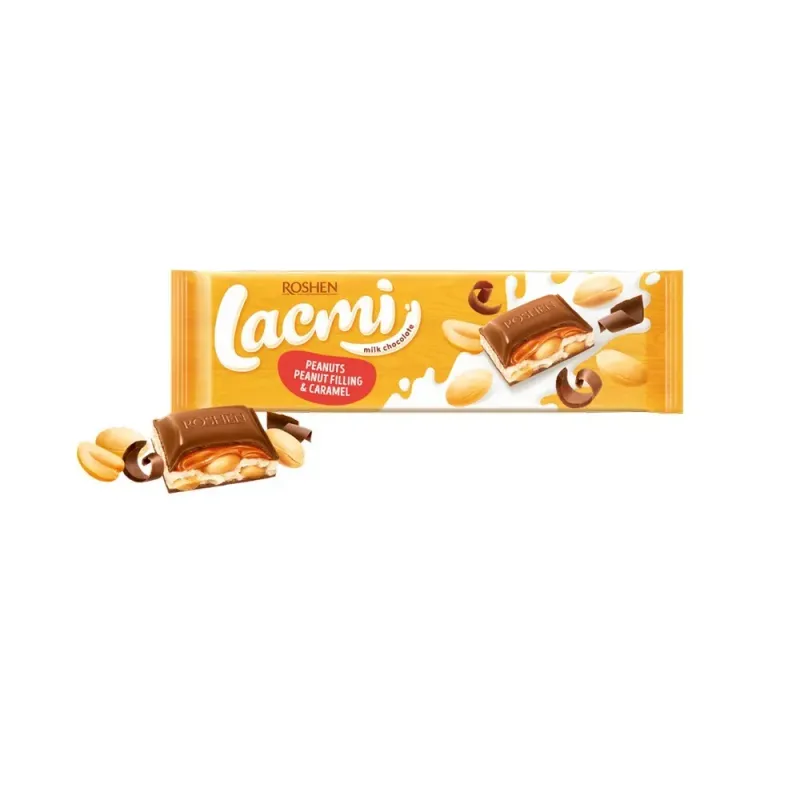 Ciocolata cu umplutura cu crema cu caramel si arahide Roshen Lacmi, 295 g