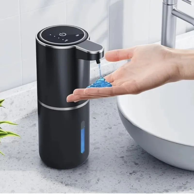 Dozator Automat Sapun Lichid sau Spuma 380ml, Senzor de Miscare, Fara Contact, USB Tip C, 4 Niveluri Dozare, IPX5, Display LED, Impermeabil, Pentru Bucatarie, Baie, Hotel sau Birou, Igiena Moderna, Montaj pe Perete sau Blat, Negru Elegant
