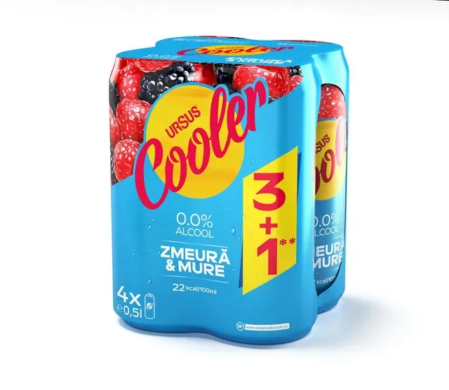 Bere blonda aromatizata fara alcool Ursus Cooler zmeura si mure, 3+1 x 0.5 l