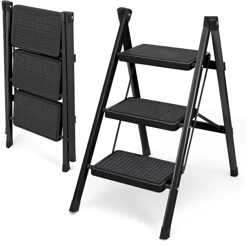 Scara Pliabila cu 3 Trepte Late, Maxim 150 Kg, Picioare Antialunecare, 41.5x70x80cm