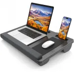 Masa laptop pentru poala cu mouse pad, Wacorresi, Masa laptop pentru poala, cu Suport Telefon, Perna Dubla, Ergonomic, Realizat Din Lemn, cu Maner, cu mouse pad, pentru pat, birou, canapea, masina, greutate redusa, 55x34x6cm, negru