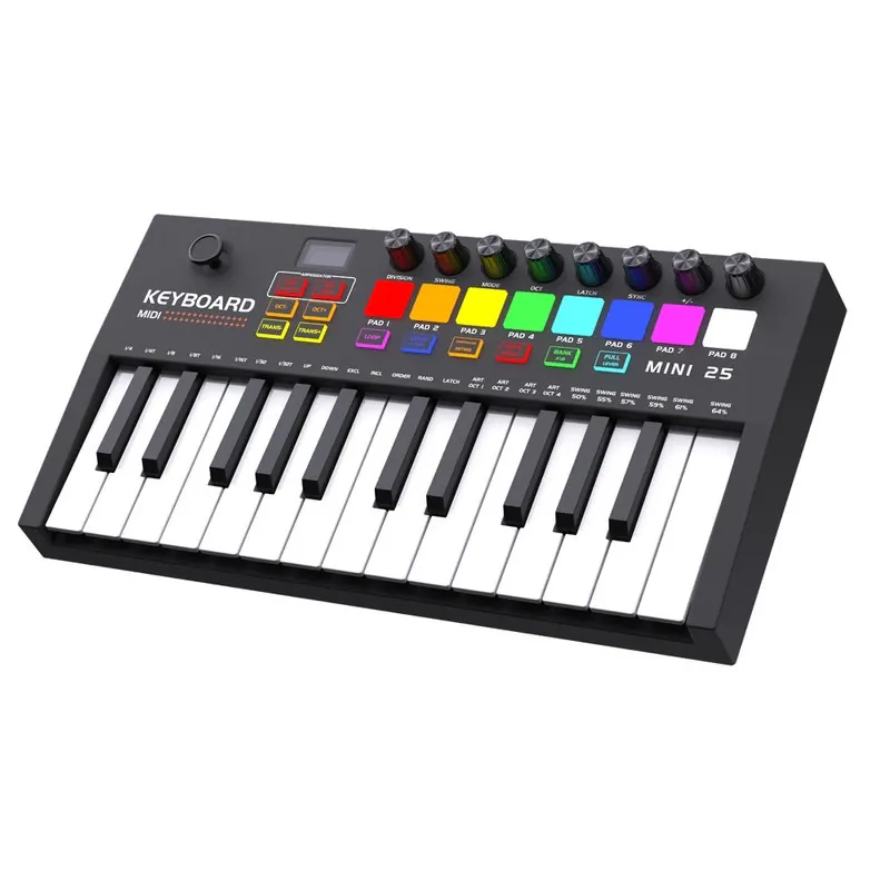 Controller MIDI, JESWO®, Tastatura pianului, 25 de clape, 8 pad-uri cu iluminare din spate RGB, Compozitie portabila si functii de tampon de toba, 34.5 x 5 cm, Negru