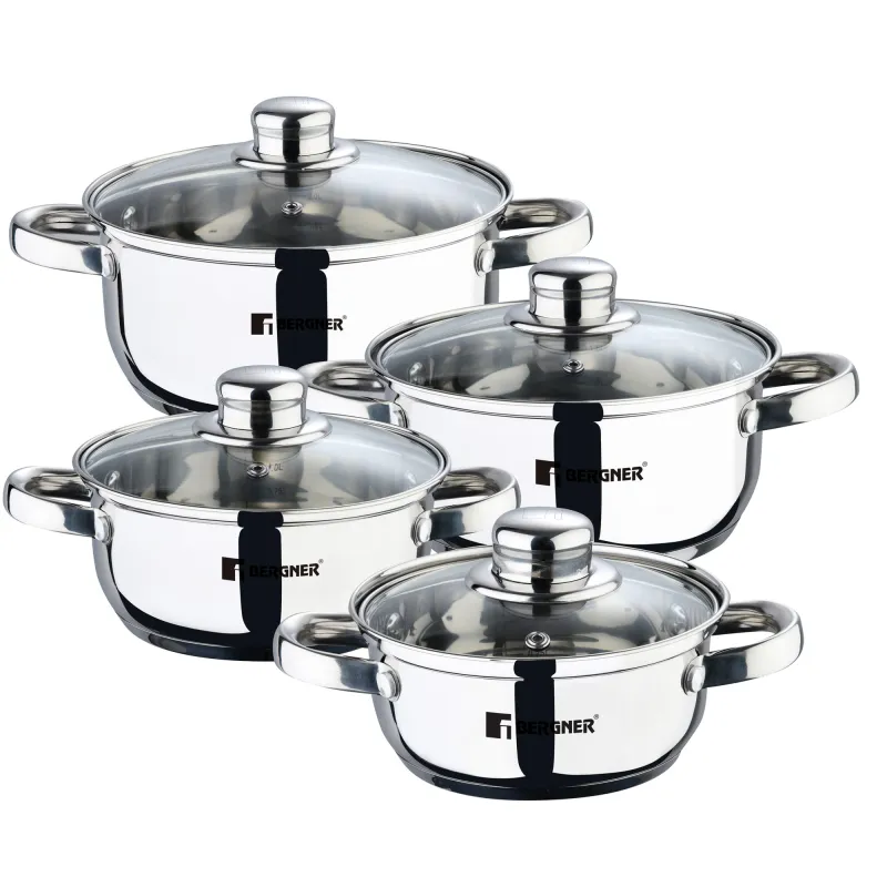 Set 4 oale cu capac (8 piese) Bergner Viena, inductie, 14cm/0.9L, 16cm/1.4L, 18cm/2L, 20cm/2.8L