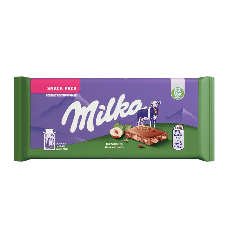 Ciocolata cu lapte alpin si alune maruntite Milka Snack Pack, 45 g