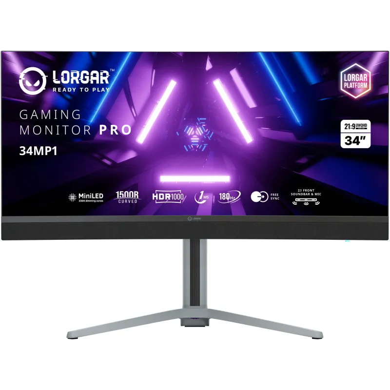 Monitor Gaming Curbat MiniLED VA Lorgar Pro 34MP1 34" UWQHD (3440x1440), 180Hz, 1ms, AMD FreeSync™, NVIDIA G-Sync™ Compatible, HDR 1000, 1500R, Iluminare RGB, Boxe 2.1, USB Type-C, Hub USB, 2x HDMI, Display Port, Jack, Pivot, VESA, black/milky grey