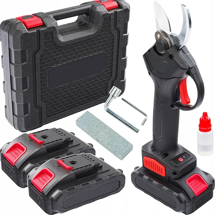Foarfeca de gradinarit electrica fara fir, Foarfeca Electrica pentru Gradinarit, 30mm, set cu 2 acumulatori 2 acumulatori 21 V, putere maxim 800 W, cu Lama din Otel Carbon, incarcator, latime taiere 0-30mm, Accesorii si Valiza