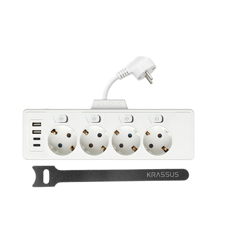 Prelungitor Electric 4 Prize Individuale SCHUKO cu Buton, Krassus E50-4, 4 x USB (2x Tip C + 2x USB-A), 250V, 3680W, Protectie Copii, Cablu 50cm, Alb