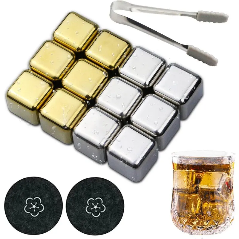 Set cuburi de gheata reutilizabile, Sparkle Tmax, 12 bucati, otel inoxidabil, pentru whisky, vodka, bauturi, sucuri, accesorii incluse