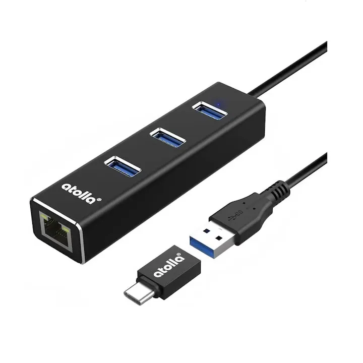 Hub USB 3.0, Atolla, RJ45/USB-C, 1000Mbps, Negru