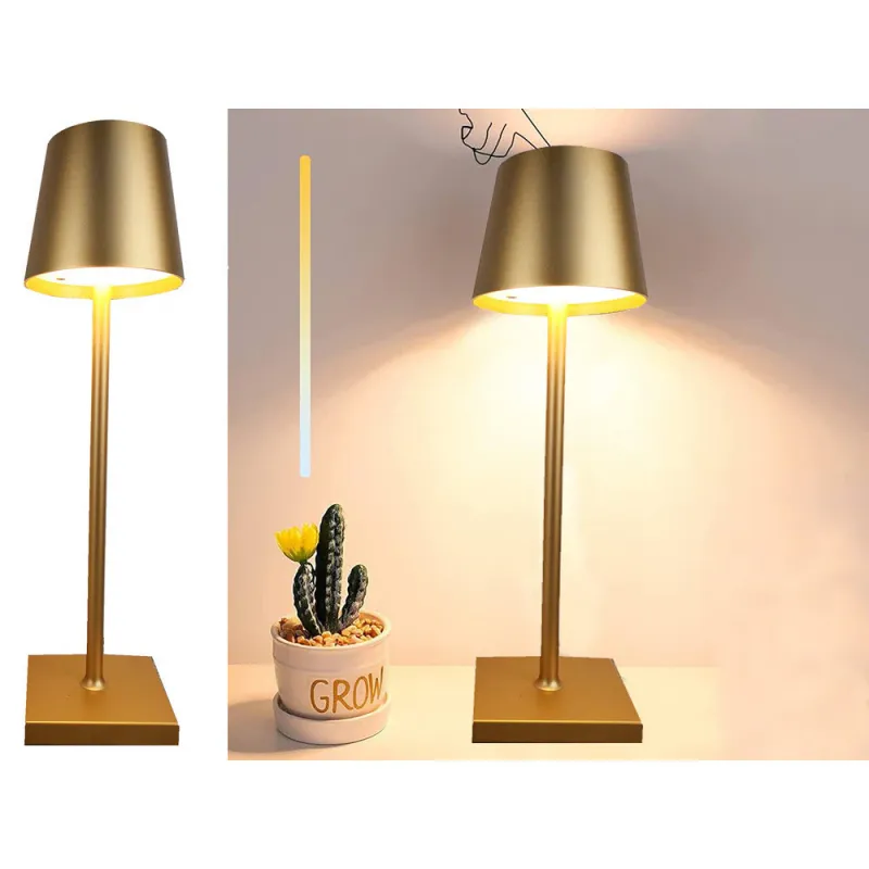 Lampa de Masa Reincarcabila DMV Solux, LED 5W, Control Touch, Baterie 2600mAh, Autonomie Mare, Corp din Aluminiu Premium, Protectie IP20, Inaltime 28cm, Lumina Reglabila Calda, Rece, Design Minimalist Modern, Culoare Auriu Mat, Stil Luxury