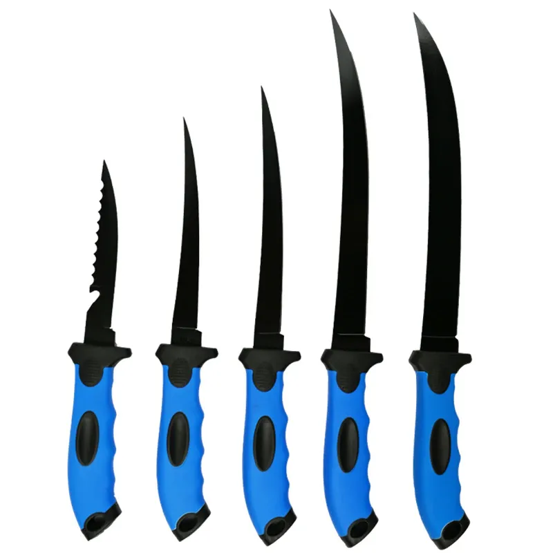 Set cutite filetat carne si peste, 10 piese, antiaderente, lama curbata din otel inoxidabil negru, Full Tang, teci protectie incluse