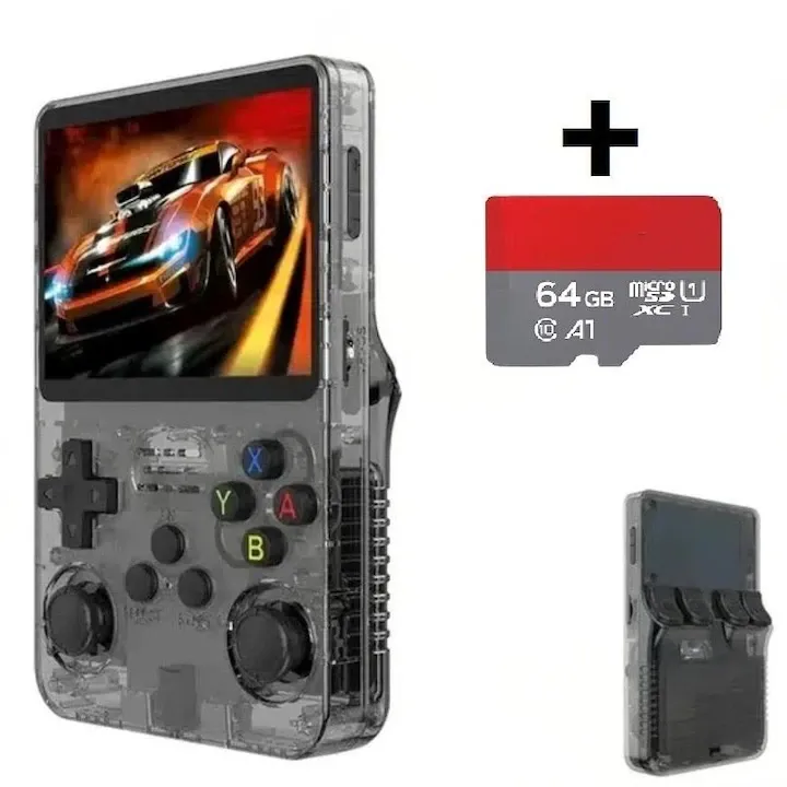 Consola Bluvista® R36S portabila retro, microSD 64GB, 15000 jocuri, ArkOS 2.0, IPS LCD 3.5" 640x480, CPU RK3326, 3200mAh, Emulator N64 PSP PS1 PlayStation Sega, Culoare Negru Transparent