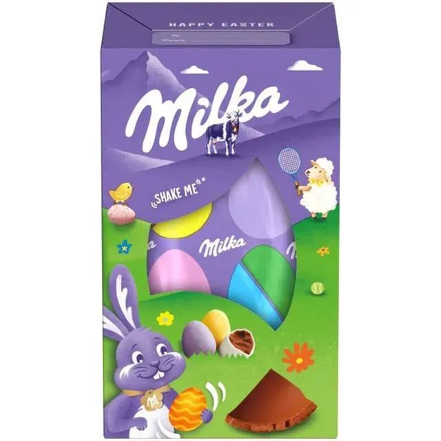 Ou din ciocolata cu lapte umplut cu drajeuri din ciocolata cu lapte Milka, 97 g