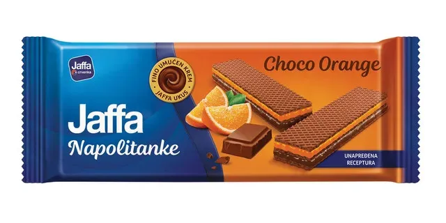 Napolitane cu crema de ciocolata cu lapte si aroma de portocale Jaffa, 160 g
