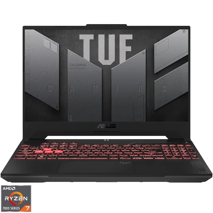 Gaming ASUS TUF Gaming A15 FA507NUR cu procesor AMD Ryzen™ 7 7435HS pana la 4.55 GHz, 15.6", Full HD, IPS, 144Hz, 16GB DDR5, 512GB SSD, NVIDIA® GeForce RTX™ 4050 6GB GDDR6, No OS, Mecha Gray