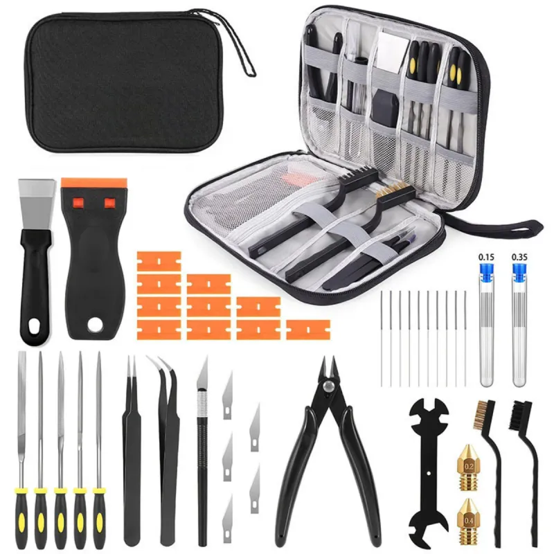 Kit de instrumente pentru imprimanta 3D, 34 accesorii, inclusiv raclete si pile, negru, set