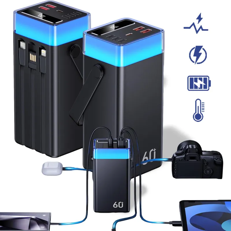 Baterie Externa, Suness, 60000mAh, 22.5W, PD 3.0 + QC 3.0, 9 moduri de iluminare ambientala si 3 moduri de lanterna, afisaj LED, cu maner, Dispune de 5 porturi de iesire si 2 porturi de intrare, 6,9x5,8x15,0cm, Compatibil cu toate disp