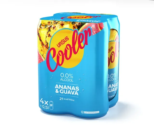 Bere blonda fara alcool cu aroma de ananas si guava Ursus Cooler, 4 x 0.5 l
