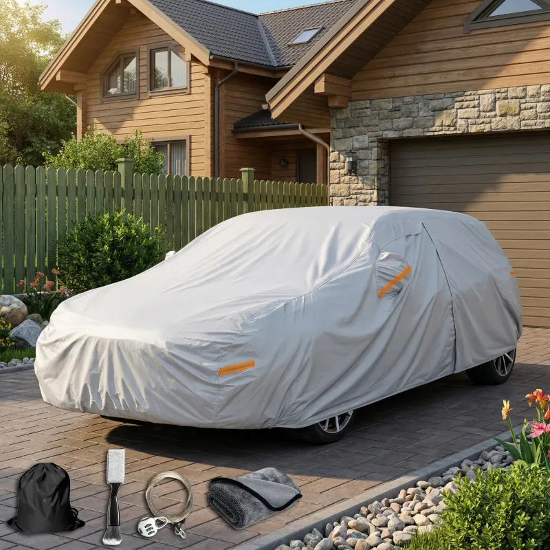 Prelata Auto Gavriet™ Break 3XL, 490 x 180 x 150 cm, Lacat Antifurt, Rezistenta la Apa & Soare & Inghet & Praf, Buzunare Oglinzi, Benzi Reflectorizante, Fermoar Usa Sofer, Saculet Depozitare, Perie Curatare Ventilatie & Prosop Incluse, Gri