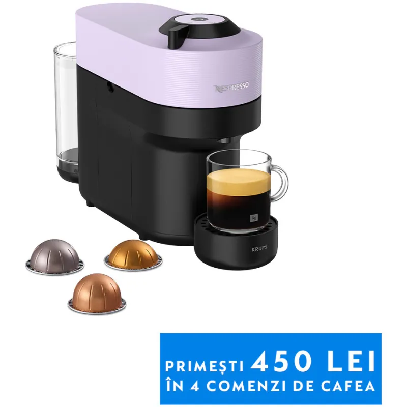 Espressor Nespresso by Krups Vertuo Pop XN9206F0, 1500W, 19 Bar, 0.6L, Centrifusion™, Conectare la telefon, Lilac, set capsule degustare inclus