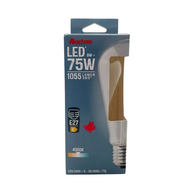 Bec LED Auchan, E27, 9 / 75 W, filament Edison, lumina rece